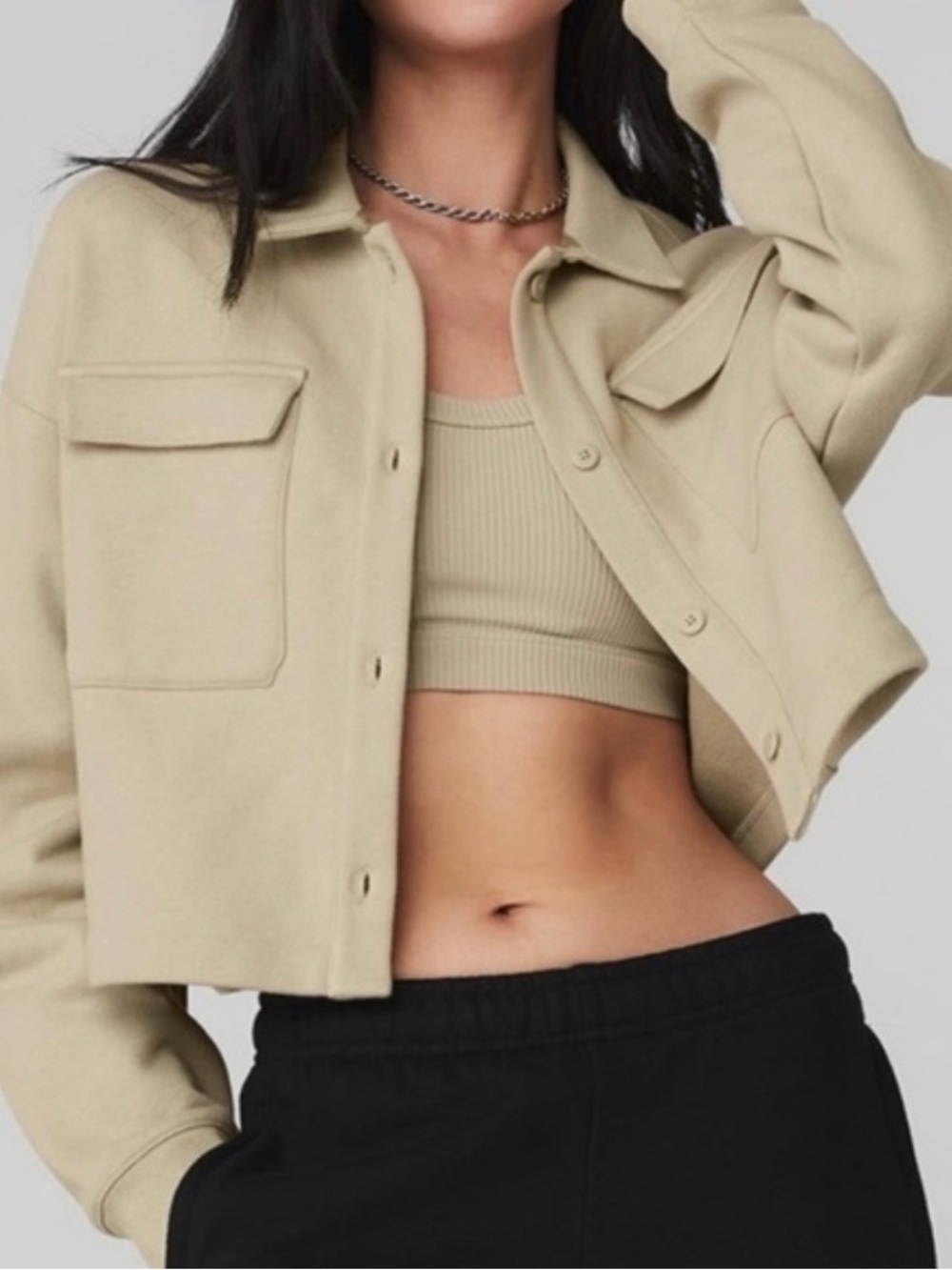 Alo Yoga Renown Cropped Button-Up Pullover Jacket - Macadamia - Tan Beige Medium - Picture 10 of 10